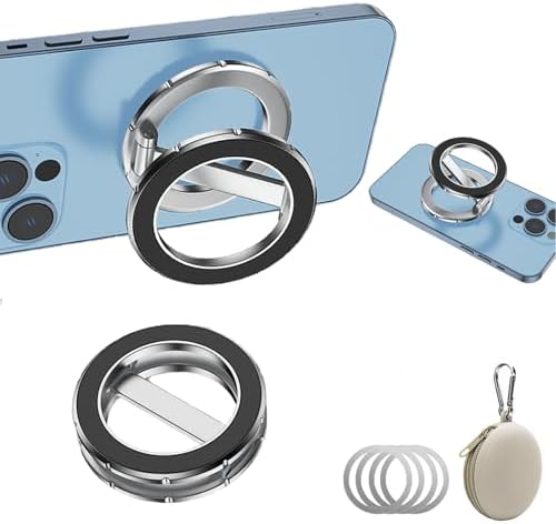 Maximize Your Mobile Efficiency with the Magsafe Double-Ring Magnetic Phone Holder Grip – Universal Compatibility for i Phone, i Pad, and Kindle, Ideal for Car, Gym, Kitchen, and Office Use, Complete with Silicone Storage Bag and Four Versatile Metal Rings – Durable Black Finish for Everyday Convenience
