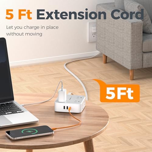 TESSAN Power Strip Tower Surge Protector: 8 AC Outlets & 3 USB Ports (1 USB-C) with 900 Joules Protection, 5 FT Flat Plug Extension Cord – Ultimate Desk Charging Station for Home Office and Dorm Room Efficiency