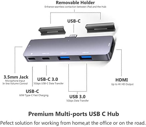Elevate Your i Pad Pro Experience with Our Versatile 6-in-1 USB C Hub Adapter – Featuring 4 K HDMI, Dual USB 3.0 Ports, 3.5 mm Audio Jack, PD 60 W Charging, and SD/TF Card Slot – Perfect for M2, M1 i Pad Pro 11, 12.9 (2018-2022), i Pad Air, and Mini – Unleash Seamless Connectivity and Effortless Productivity