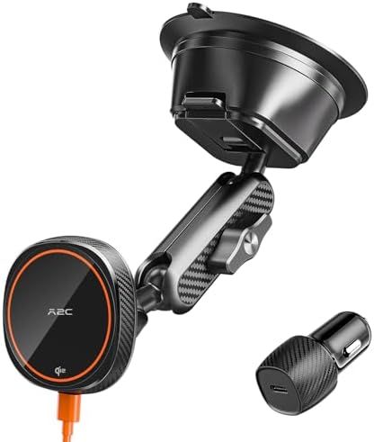 Effortless Driving with A2 C Qi2 15 W Wireless Charger – Magnetic Suction Cup Car Mount for i Phone 16/15/14/13/12, Adjustable Aluminum Arm for Optimal Viewing, Fast Charging, Windshield/Dashboard Compatibility – Ultimate Convenience and Style for Modern Drivers