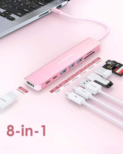 LENTION Rose Gold 8-in-1 USB-C Hub: Ultimate Connectivity for Mac Book Pro & Surface with 4 K HDMI, 100 W Power Delivery, and 5 Gbps Data Transfer – Perfect Accessory for Busy Professionals Seeking Efficiency and Style
