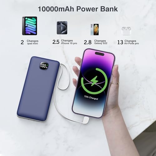 Ultra-Slim 10000 m Ah Fast Charging Power Bank with Built-In Cables & AC Plug – Versatile 5 Output USB-C Portable Charger for i Phones, Samsung, Android & More – Perfect for Travel & On-the-Go Power Solutions