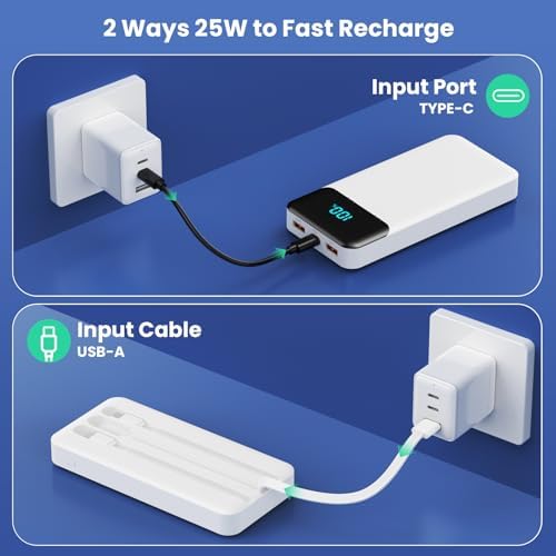 High-Capacity 40800 m Ah Portable Charger with Integrated Cables – Fast PD 25 W USB-C & QC4.0 Power Bank for i Phone 15/16 and Samsung – Smart LED Indicator, 5 Outputs for Multi-Device Charging – Ultimate Travel Companion for On-the-Go Power Solutions