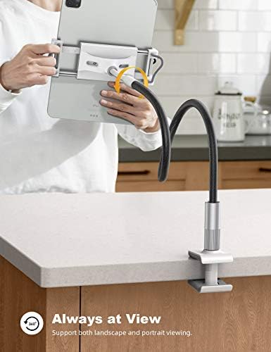 Lamicall Gooseneck Tablet Holder Mount – Ergonomic Adjustable Arm Stand for Hands-Free Viewing of i Pad Pro, Mini, Air & Galaxy Tabs (4.7-10.5″) – Versatile Clip Design for Bed, Desk, and Kitchen Use for Enhanced Comfort and Productivity