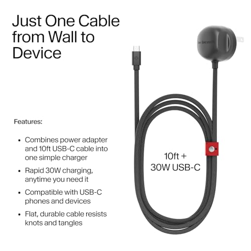 Twelve South Power Cord 30 W USB-C Fast Charger with 4 ft Tangle-Free Cable and Compact Wall Adapter – Universal Compatibility for i Phone, i Pad, Samsung, Mac Book Air & More – Sleek Slate Design for Home & Travel Efficiency