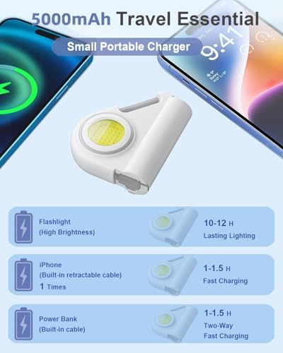Compact Travel Power Bank with 5000 m Ah Capacity & 22.5 W Rapid Charge – Built-in 2.3 ft Retractable USB-C Cable & Emergency Flashlight – Ideal for i Phone 16/15/14, Samsung & Android Devices – Sleek Black Design for Ultimate Portability and Style
