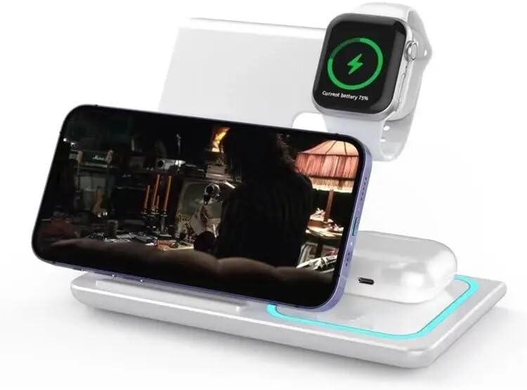 Ultimate 3-in-1 Foldable Wireless Charging Dock for Apple Devices with Built-In LED Night Light – Fast, Compact, and Stylish Charger for i Phone, Apple Watch, and Air Pods – Perfect for Home and Travel – Sleek White Finish for Modern Aesthetics and Organized Spaces