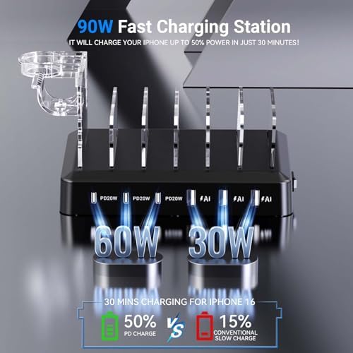 Catlyn 6-Port Fast Charging Station with 90 W Power Output – Multi-Device Organizer Dock with 8 Mixed Charger Cables for Seamless Home and Office Use – Compatible with i Phone, i Pad, Kindle & More – Compact Design for Clutter-Free Charging