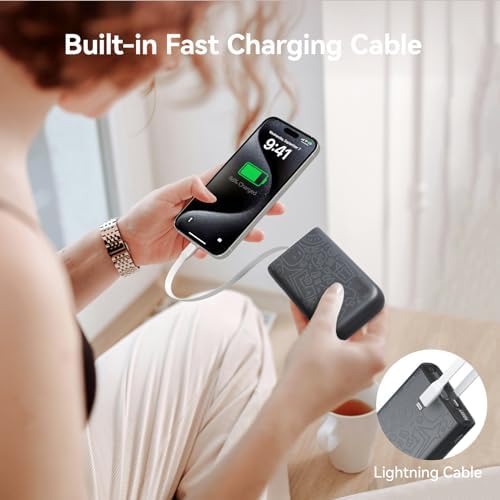 imuto Graffiti Style 20000 m Ah Portable Charger with Built-in Lightning Cable – 22.5 W Fast Charging Power Bank for i Phone, Samsung, i Pad, and All Smartphones – Essential Travel Accessory with LED Battery Display and Unique Design