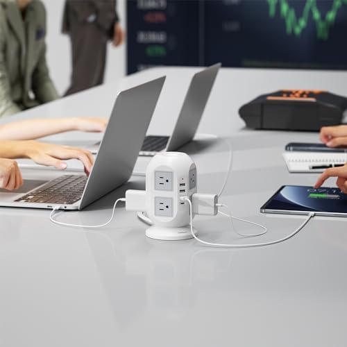 TESSAN Tower Surge Protector Power Strip – 10 ft Flat Extension Cord with 8 AC Outlets & 4 USB Ports (1 USB-C) – Compact Charging Station with Advanced Surge Protection for Home Office & Dorm Use – Optimal Device Safety & Versatile Compatibility
