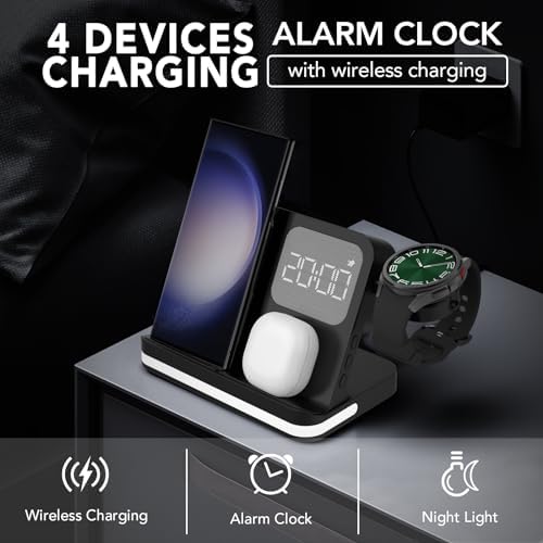 Revolutionize Your Charging Routine with the 4 in 1 Wireless Charging Station Featuring Integrated Alarm Clock – Fast, Reliable Charging for Galaxy Watch 7/Ultra/FE/6 Pro, Galaxy S25/Ultra/S25+/S24/S23/Note 20/Z Flip 7/6/5 Fold 6 & Galaxy Buds 3/2/Pro – Space-Saving Design for Multiple Devices, Enhanced Compatibility & Speed