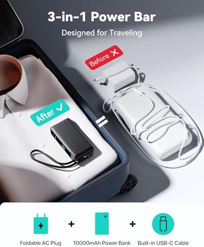 INIU 3-in-1 Travel Power Bank: 10000 m Ah Fast Charger with Built-in USB-C & Foldable AC Plug – Ultimate Portable Charging Solution for College Students, Travelers, and Tech Enthusiasts – Blue – Charge Multiple Devices Effortlessly!