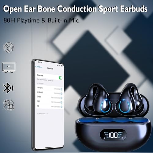 Open Ear Bone Conduction Bluetooth Headphones – Waterproof Sports Earphones with Secure Earhooks, Integrated Hands-Free Microphone, and Wireless Charging Case for Active Lifestyles and Enhanced Safety Awareness