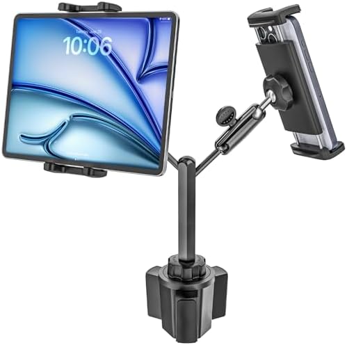 Universal Dual Tablet Car Cup Holder with Sturdy Metal Arm – Adjustable Device Mount for i Pad Pro, Air, Mini, i Phone & Galaxy (4-12.9″) – Enhance Travel Entertainment & Navigation Stability