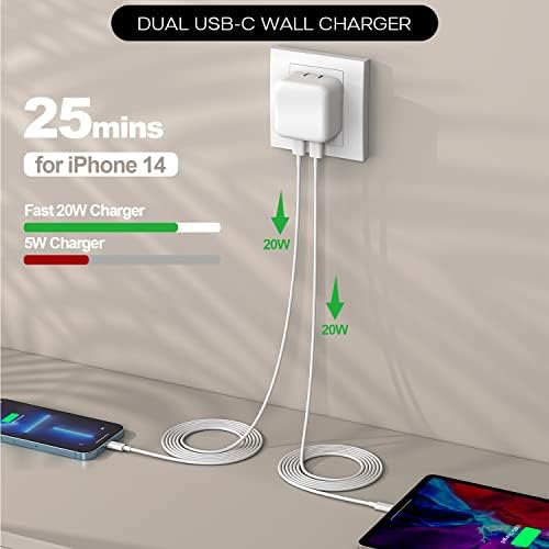 High-Speed 40 W Dual USB-C Wall Charger with 10 FT MFi Certified Lightning Cable – 2-Pack Fast Charging Solution for i Phone 14/13/12/11/X – Enhanced Dual Port Design for Convenient Multi-Device Charging and Versatile Use