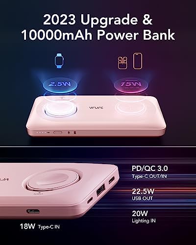 VRURC 10000 m Ah Magnetic Portable Charger – 3-in-1 Fast Wireless Charger for i Phone 14/13/12 Series, Apple Watch & Air Pods – 22.5 W Quick Charge Power Bank in Stylish Pink – Ultimate On-the-Go Charging Solution with Enhanced Compatibility