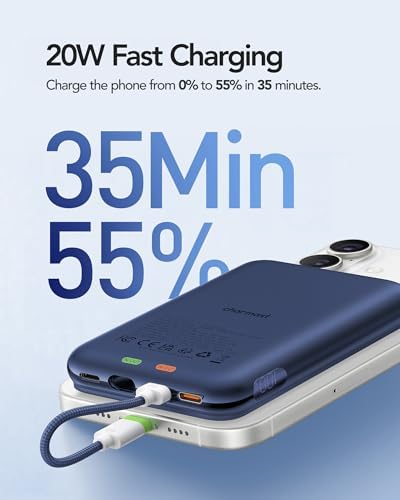 Charmast 10000 m Ah Slim Power Bank – 20 W Fast Charging Portable Charger with Removable Cable for i Phone & Android – Lightweight Hand-Free Battery Pack with Digital Display for Effortless Travel Convenience