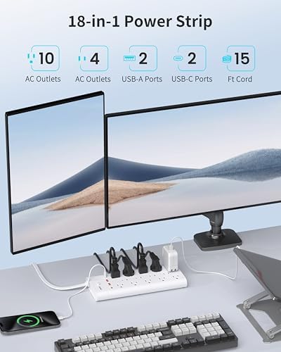 Ultimate Surge Protector Power Strip with 14 Outlets & 4 USB Ports (2 USB-C) – 6 Ft Flat Plug Extension Cord, 1700 Joules Protection, Wall Mountable – Ideal for Home, Office, and Dormitory Charging Solutions