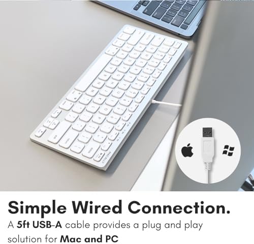 Compact Macally Wired Keyboard for Mac and Windows – Sleek USB Mini Keyboard with 78 Scissor Switch Keys – Effortless Plug and Play Design for Enhanced Typing Speed – Ideal Space-Saving Solution for Modern Workspaces – Durable Aluminum Finish for Long-lasting Performance and Style