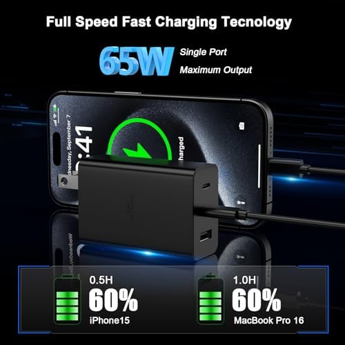 Next-Gen 65 W USB C Fast Charger with 3 Ports and 6 ft Type C Cable – Ga N Technology for Rapid Power Delivery Compatible with i Phone 15 Series, Mac Book Pro/Air, i Pad Pro, Galaxy S23/S22 – Ultimate Multi-Device Charging Solution for Home and Travel