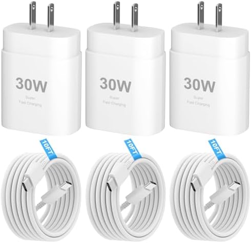 30 W USB-C Fast Charger with 10 FT Type C Cable – Ultimate Power Solution for i Phone 16/15 Pro Max, i Pad Pro/Mini/Air & Samsung Galaxy S24/S23/S22 Ultra – Compact, High-Speed Charging for On-the-Go Convenience and Versatile Compatibility