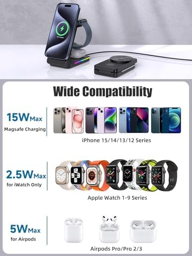 3-in-1 Foldable Mag-Safe Wireless Charging Station for i Phone 16 Pro Max, 15, 14, 13, 12 – Seamless Nightstand Charger for Air Pods & i Watch – Compact Multi-Device Power Hub in Sleek Black Finish for Enhanced Efficiency and Travel Convenience