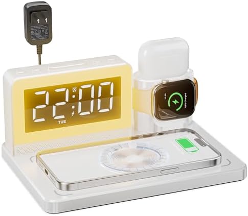 Revolutionize Your Charging Routine with the 7-in-1 Wireless Fast Charging Station – All-in-One Alarm Clock Dock for i Phone, Samsung Galaxy, Apple Watch & Air Pods – Enhanced Speed, Sleek Design, and Safety Features for Ultimate Convenience
