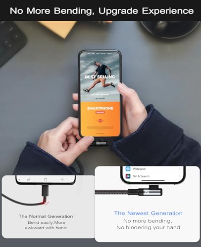 10 FT Right Angle i Phone Charger Cable 2-Pack – MFi Certified Lightning Fast Charging for i Phone 14/13/12/11 Pro Max & More – Durable Nylon Braided Design for Optimal Performance and Tangle-Free Convenience – Perfect for Gaming and Streaming