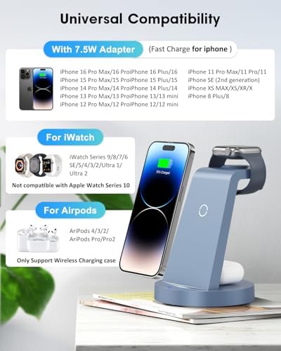 All-in-One 3-in-1 Wireless Charging Station for Apple Devices – Fast Charger Dock for i Phone 11-16 Pro Max, Apple Watch & Air Pods – Sleek, Compact Design with Enhanced Compatibility and Speed for Effortless Power Management
