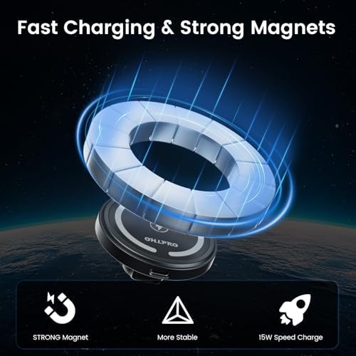 OHLPRO 15 W Mag Safe Car Mount Charger for i Phone 16 – Premium Fast Wireless Charging, Magnetic CD Slot Holder with 3 M Adhesive for Dashboard, Sleek Aluminum Design, Compatible with i Phone 16/15/14/13 Pro Max – Ultimate Driving Convenience and Stability