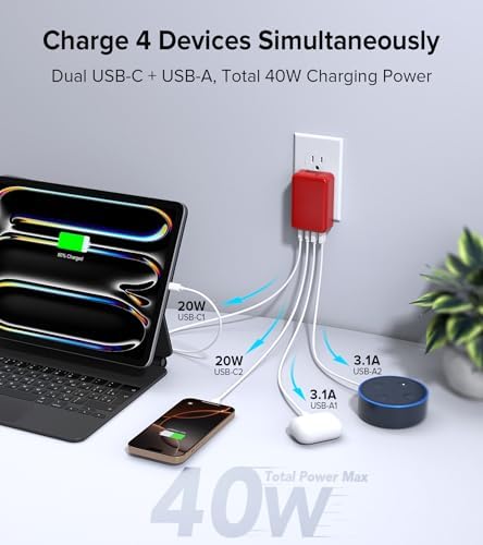 Elevate Your Charging Game with the 2 Pack Flat USB C Charger Block – 40 W Fast Charge Hub for i Phone 12-16, i Pad & Samsung Devices, Featuring 4 Ports for Simultaneous Power Delivery & Quick Charge, Sleek Light Blue Travel-Friendly Design Ideal for Home & On-the-Go Use