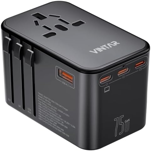 VINTAR Universal Travel Adapter 75 W Ga N Technology: Ultimate All-in-One Power Converter with 3 USB-C PD and 2 USB-A Quick Charge Ports for Global Use – Compact Power Solution for Laptops & Smartphones in 200+ Countries – Reliable Performance with Safety Features for Hassle-Free Charging