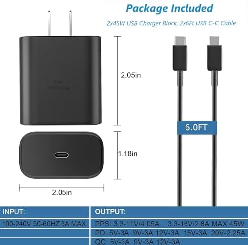 Dual 45 W Samsung Fast Charger Set with 6 ft USB C Cables for Galaxy Devices – Ultimate Rapid Charging Solution for S25, S24, S23, Note Series – Enhanced Performance and Portability for Busy Users