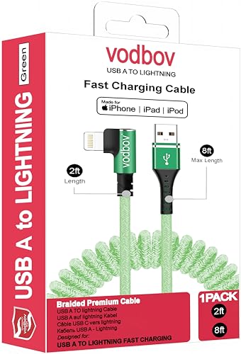 Retractable Green Braided Lightning Cable: 2 ft-8 ft USB-A Fast Charging Cord with Right Angle Connector for i Phone, i Pad, and Air Pods – Ultimate Flexibility and Strength for On-the-Go Charging Solutions