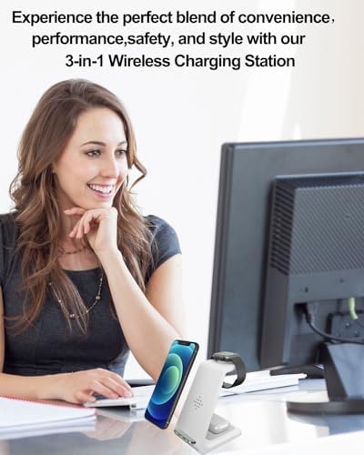 Versatile 3-in-1 Qi Wireless Charging Station for Apple Devices – Stylish Fast Charging Dock for i Phone 16/15/14/13/12/11/X/8, Apple Watch Ultra/9/8/7/6/SE/5/4/3/2, and Air Pods Pro – Sleek Compact Design with Anti-Slip Technology and LED Status Indicator – Ideal Tech Gift for Gadget Enthusiasts