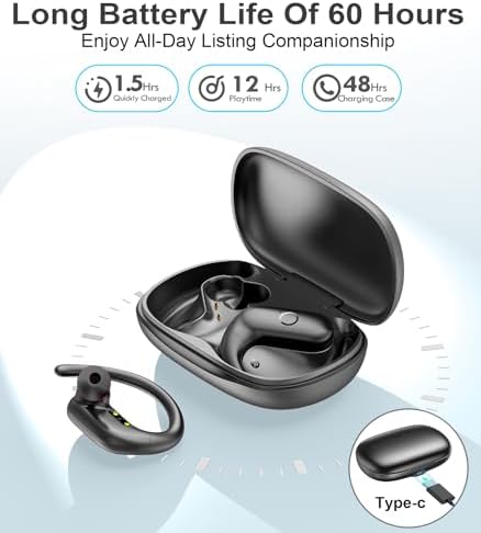 MOZOTER Wireless Sport Earbuds: Stylish Bluetooth Headphones with Enhanced Deep Bass, Secure Earhooks for Active Comfort, and Unmatched 60-Hour Battery Life – Ideal for Fitness, Meetings, and Everyday Use