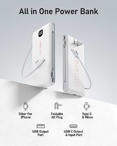 VEEKTOMX 20,000 m Ah Portable Charger with Built-in Cables and AC Wall Plug – Fast Charging Power Bank for i Phone 15/14/13 & Samsung Devices, Slim Battery Pack with LED Display for Ultimate Compatibility and On-the-Go Convenience