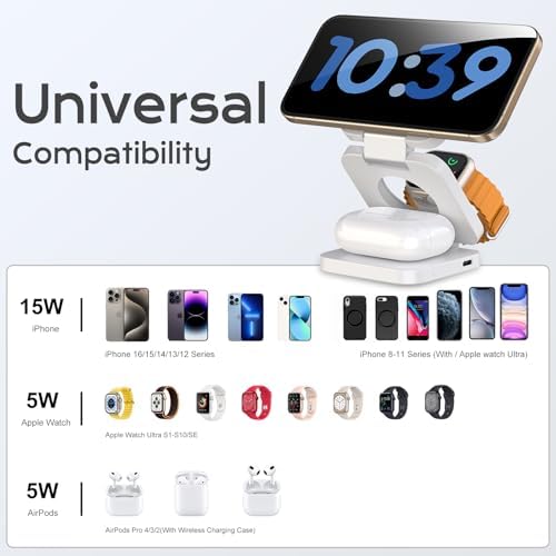 3-in-1 Wireless Charging Station for Apple Devices – KU XIU Portable Travel Charger for i Phone 16/15/14/13/12 Series, Apple Watch 10/9/8/7/6/5/4/3/SE & Air Pods Pro/4/3/2 – Fast, Foldable Design with Enhanced Safety Features and Universal Compatibility