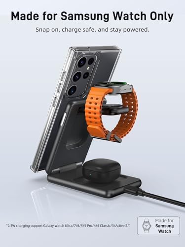 Ultimate 3-in-1 Magnetic Wireless Charger for Samsung – Foldable Mag Safe Charging Station for Galaxy S25 Ultra/S24, Galaxy Watch Ultra/7, and Galaxy Buds – Effortless One-Click Ejection Design – Enhanced Durability with Metal Spring Technology – Travel-Ready Convenience – Precision Magnetic Alignment for Seamless Charging Experience – Ideal Gift for Tech Enthusiasts – Exclusively Compatible with Samsung Devices, Check Compatibility Before Purchase