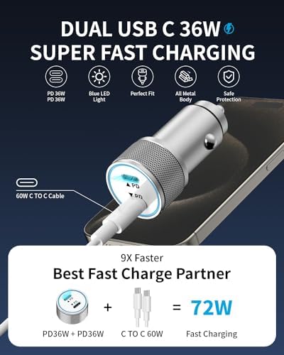 Power Up Your Journey: i Phone 15 24 W Dual-Port Fast USB Car Charger with 2-Pack 3 FT USB-C Cables – Ultimate Compatibility for i Phone 16/15, i Pad Pro/Air/Mini, Galaxy, and Pixel Devices – Compact, Efficient, and Built for Speed