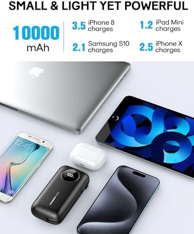 Ayeway Ultra-Compact 10,000 m Ah Portable Power Bank with Integrated Charging Cable – Fast USB C Battery Pack for i Phone, Samsung, and 5 V Heated Vests – Lightweight, Multi-Device Charging Solution for On-the-Go Connectivity