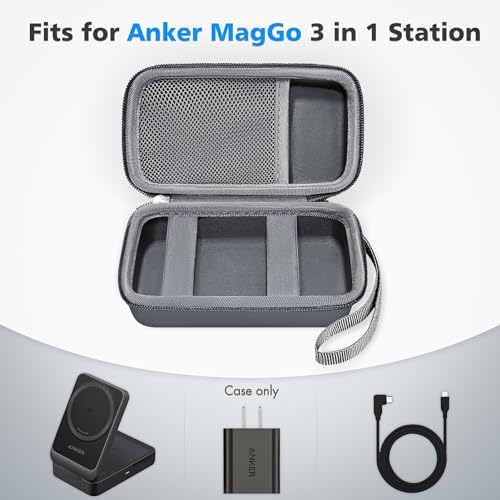 Portable 3-in-1 Charging Case for Anker Mag Go – Qi2 Certified 15 W Mag Safe Wireless Charger with Foldable Magnetic Stand for Apple Devices, Includes Storage for USB-C Cable and Apple Watch – Sleek White Travel Accessory for Ultimate Convenience and Efficiency