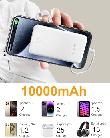 miisso Ultra Slim 10000 m Ah Portable Power Bank with Built-in Cables and Foldable Wall Plug – Compact USB-C Charger for i Phone, Samsung, i Pad & More – Perfect Travel Companion for On-the-Go Charging Efficiency