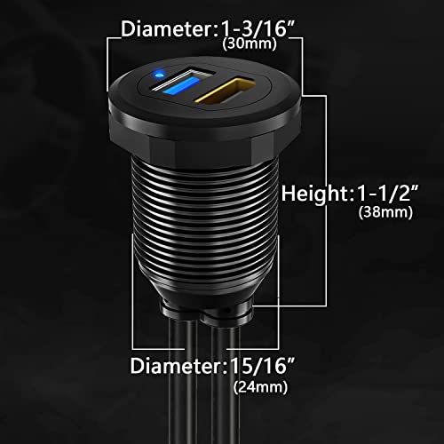 BATIGE Type C USB 3.0 Flush Mount Extension Cable – 3 ft Alloy Shell Car, Truck & Motorcycle Dashboard USB Port with LED Indicator for Enhanced Durability and Seamless Connectivity