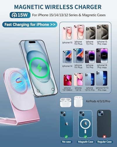 Magnetic Wireless Charger for i Phone 15/14/13/12 Series – Versatile Mag Safe Charging Stand with Dual Ports & 5 ft Cable for i Phone and Air Pods 2/3/Pro (Adapter Not Included) – Enhanced Speed & Seamless Compatibility for Effortless Power Solutions