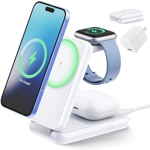 Foldable 3-in-1 Wireless Charging Station for Apple Devices – Fast Charge i Phone, Apple Watch & Air Pods with Enhanced Compatibility – Travel-Friendly Design with Adjustable Stand – Safe and Compact Charging Solution with 33 W PD Charger Included