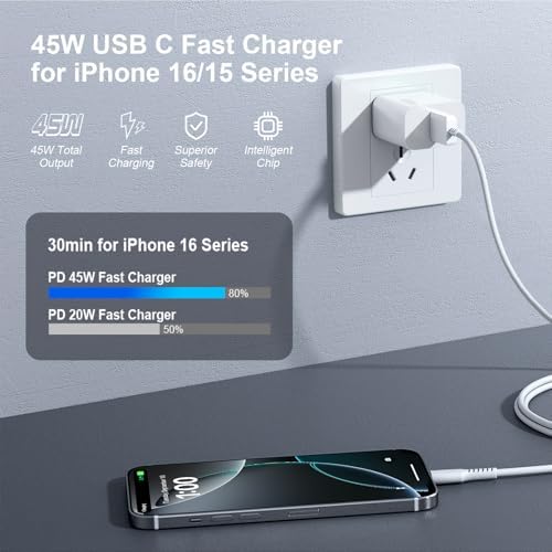 Ultimate 45 W i Phone 16 Fast Charger with 10 FT USB C Cable – Supreme Compatibility for i Phone 16/16 Pro/16 Pro Max/16 Plus & 15/15 Pro/15 Pro Max – Compact Design for Home, Office & Travel – Rapid Power Boosting for Uninterrupted Connectivity – Durable & Reliable Charging Solution with Safety Features