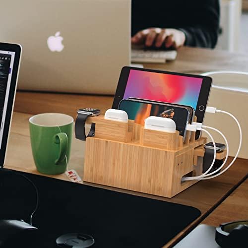 Eco-Friendly Bamboo Multi-Device Charging Hub by Pezin & Hulin – Elegant Docking Station for Phones, Tablets, Smartwatches & Earpods with 5 High-Speed USB Cables for Clutter-Free, Fast Charging Solutions in Home or Office