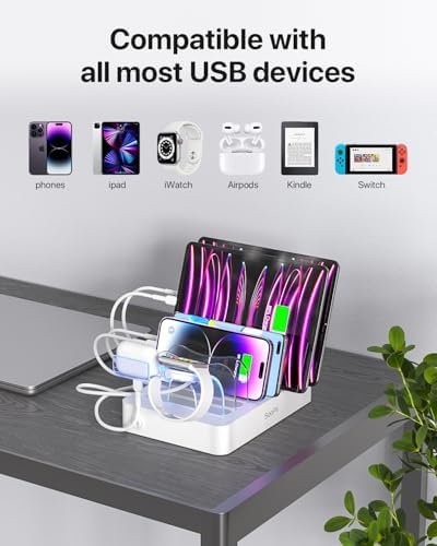 Soo Pii Elegant Pink 6-Port USB Charging Station Organizer – Fast Multi-Device Charging Hub with 6 High-Speed Cables and i-Watch Holder – Ultimate Solution for Neat Workspaces and Efficient Device Management