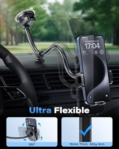 Ultimate 14-Inch Gooseneck Car Phone Mount Holder with Industrial-Strength Suction for Windshield Stability – Hands-Free Universal Cell Phone Holder Compatible with i Phones and Androids for Safe Navigation and Entertainment